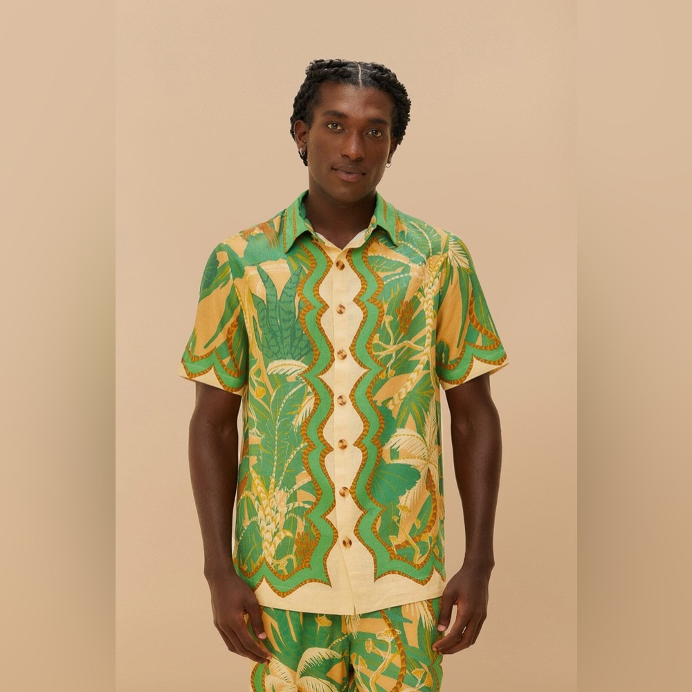 FARM Rio Men’s Beige Tropical Isla Lenzing Ecovero Euroflax Button Down Shirt